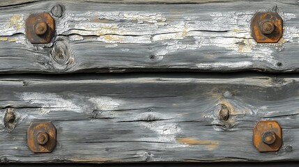 Close-up of weathered wooden planks with rusty bolts.