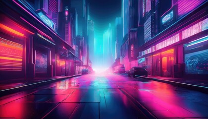 Neon city street at night