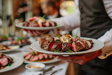 A man is holding a tray of food with a plate of meat and vegetables.,