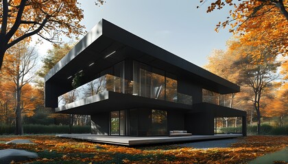 Sleek minimalist black house nestled among vibrant autumn trees, embodying contemporary architecture and harmonious urban living with nature