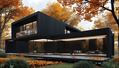 Sleek minimalist black house nestled among vibrant autumn trees, embodying contemporary architecture and harmonious urban living with nature