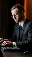 Canvas Print - A young man in a suit working on a computer in a dimly lit room.