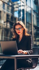 Poster - Young woman working on laptop outside