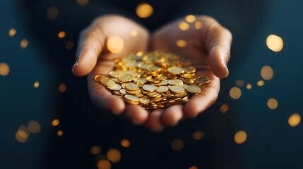 Abstract hands made of light catching falling coins, symbolizing liquidity and access to wealth, funds flow, savings concept