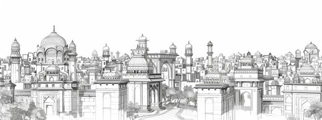 Indian city landscape, Sketch illustration.