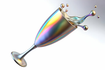 Holographic Champagne Flute Splash: Close-Up of Glowing Liquid in Intricate Patterns on Plain White Background - Photo Stock Concept