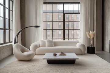 Wall Mural - This living room features a plush white sofa, sculptural floor lamp, marble coffee table, and fluffy cream rug under tall windows