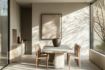 Wall Mural - A beautifully designed dining room features a marble table, contemporary wooden chairs, and a striking modern art piece illuminated by sunlight