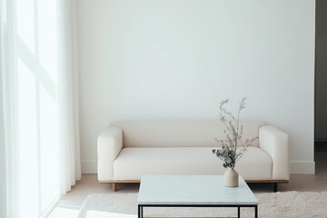 Wall Mural - A bright and airy living room features a cozy white sofa and a marble coffee table on a soft cream rug, bathed in natural light