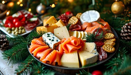 Elegant holiday buffet featuring smoked salmon, cold cuts, artisanal cheese, adorned with festive decorations and pine branches, celebrating Christmas cheer and communal joy