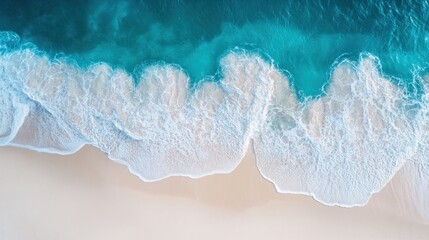 Canvas Print - Aerial View of Turquoise Ocean Waves Crashing on White Sandy Beach