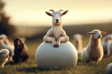 Sticker - A goat is perched on an exercise ball in a field, surrounded by other playful animals such as sheep. The scene is set against a soft-focus background with a sunset.