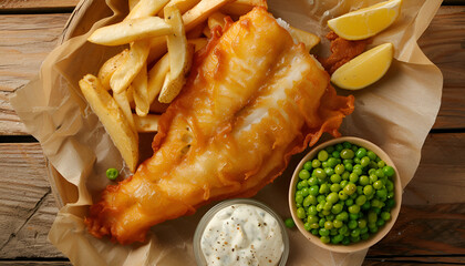 Tasty fish, chips, sauce and peas on wooden table, closeup