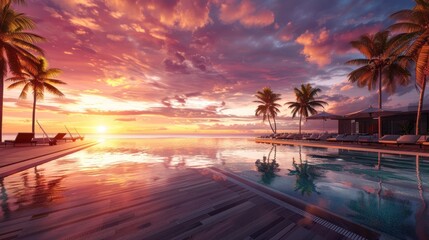 Canvas Print - Sunset Paradise: Tropical Resort Pool and Palms