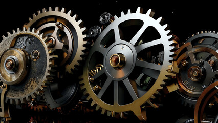 Close-up view of metal gears and cogwheels in industrial machinery. The complex mechanical system is engineered for precision and durability