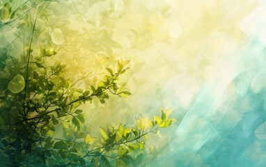 Green leaves on blurred natural background with sunlight. Nature and springtime concept for eco-friendly design.