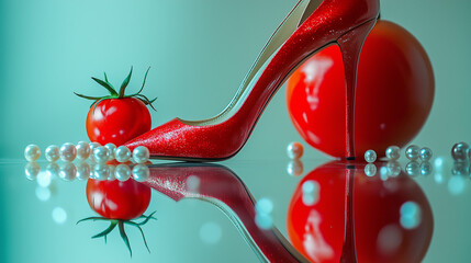 Red high heel with pearls and tomatoes on a reflective surface