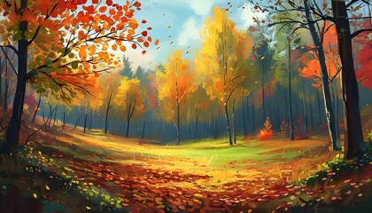 Vibrant autumn landscape featuring falling leaves and colorful foliage, capturing the essence of fall season and woodland beauty with festive charm and ample copy space.