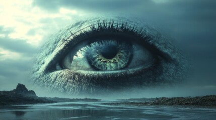 Wall Mural - A large eye is shown in the center of the image, surrounded by a body of water