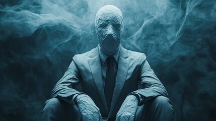 Poster - A man in a suit and tie sits in a chair with a mask on his face