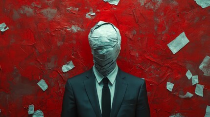 Poster - A man in a suit is wearing a mask and standing in front of a red wall