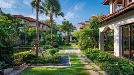 Wall Mural - Luxury Villa Garden with Pond and Palm Trees