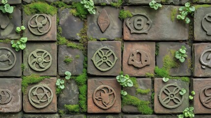 A close-up of a wall covered in moss and ornate tiles.