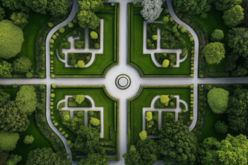 Poster - Aerial view of a symmetrical garden design with geometric pathways and landscaping featuring neatly trimmed hedges, trees, and a central circular focal point.