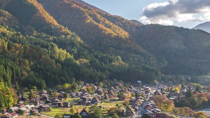 Sticker - Shirakawago village Gifu Japan time lapse of Gassho house at Shirakawa village in autumn season