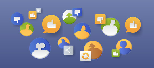 Poster - Social media icons and user silhouettes in colorful speech bubbles on a blue background. Paper cut style