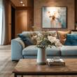 © VERTEX SPACE - A stylish living room featuring cozy sofa adorned with decorative cushions, complemented by chic coffee table showcasing vase of fresh flowers. warm ambiance invites relaxation and comfort