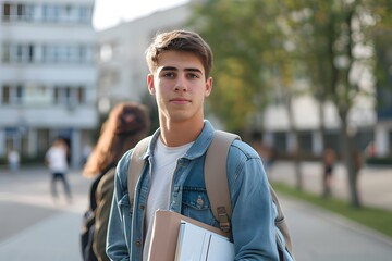 Young man wearing a backpack stands in front of a brick building.