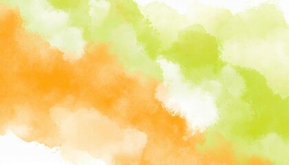 Wall Mural - Artistic lime green, orange and white watercolor background with abstract cloudy sky concept. Grunge abstract paint splash artwork illustration. Beautiful abstract fog cloudscape wallpaper.