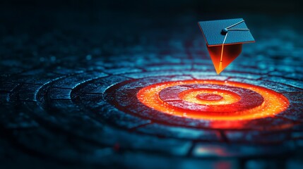 A graduation cap hovers over a glowing red target, symbolizing academic success, focus, and achieving educational goals.