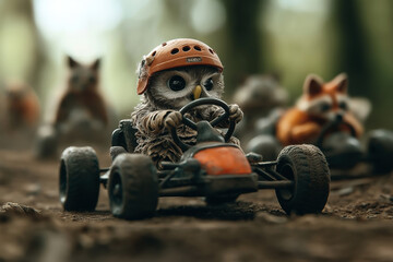 Canvas Print - A small owl wearing an orange helmet drives a go-kart, closely followed by other anthropomorphic animals in a forest setting.