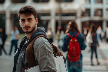 Young man wearing a backpack stands in front of a brick building.