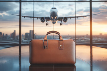 Poster - A brown briefcase sits on a table in front of a large airplane