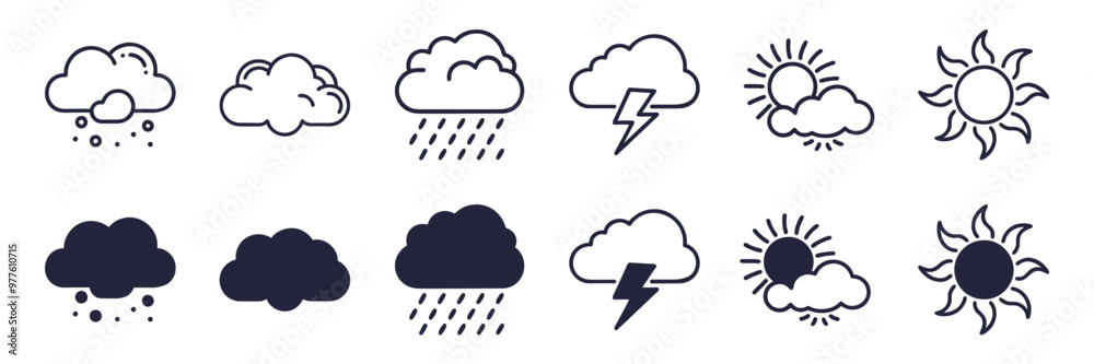Set of weather icons in black and white, illustrating various weather ...
