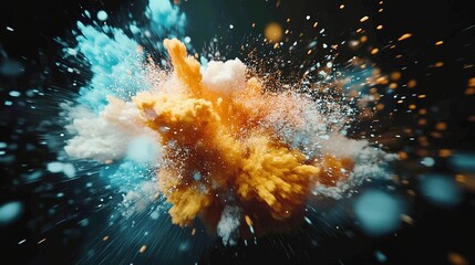 Poster - A vibrant explosion of orange, blue, and white powder explodes against a dark backdrop