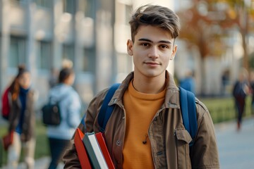 Young man wearing a backpack stands in front of a brick building.