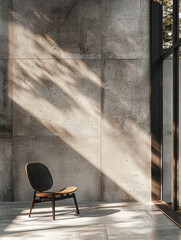 Poster - A modern chair is positioned against textured concrete wall, illuminated by soft sunlight streaming through large windows, creating serene and inviting atmosphere