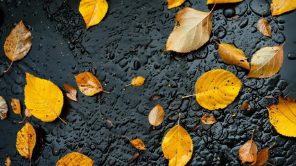 Wall Mural - Colorful autumn leaves floating on wet ground in a serene outdoor setting