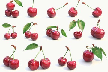 cherry collection, 3d render, isolated on white background 