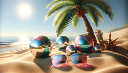 Summer panoramic landscape background, tropical beach nature glasses, ball palm trees, sunlight