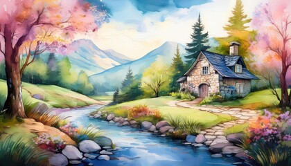 Poster - Stone cottage by a stream