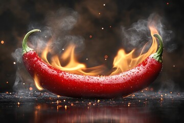 Delicious smoky red hot pepper isolated on dark background. Bright red hot chili pepper covered in water droplets with smoke curling around it and flames behind it. Flaming red hot pepper.