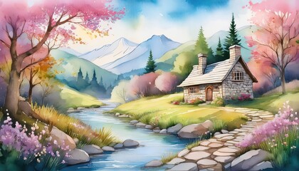 Poster - Stone cottage in a valley