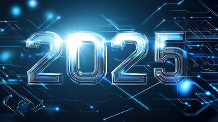 Poster - Digital representation of the year 2025 with futuristic elements glowing against a dark background