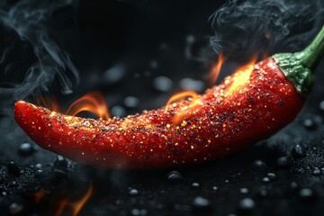 Wall Mural - Delicious smoky red hot pepper isolated on dark background. Bright red hot chili pepper covered in water droplets with smoke curling around it and flames behind it. Flaming red hot pepper.