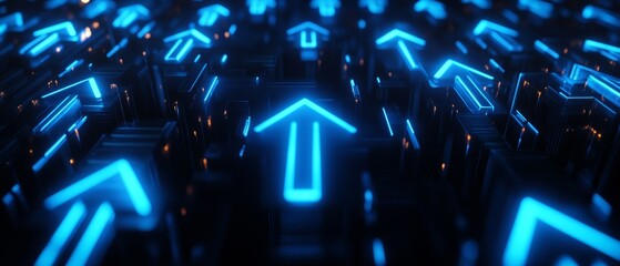 Poster - Blue Glowing Arrows Pointing Up on Black Background